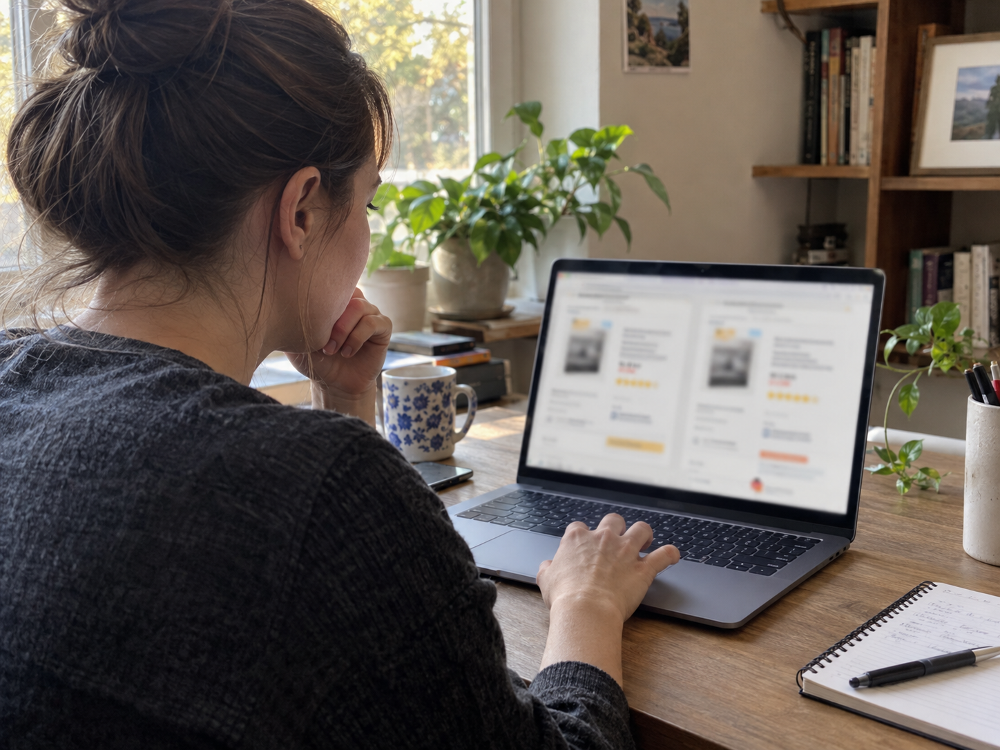 A shopper reviews two online supplement listings on a laptop before choosing a seller