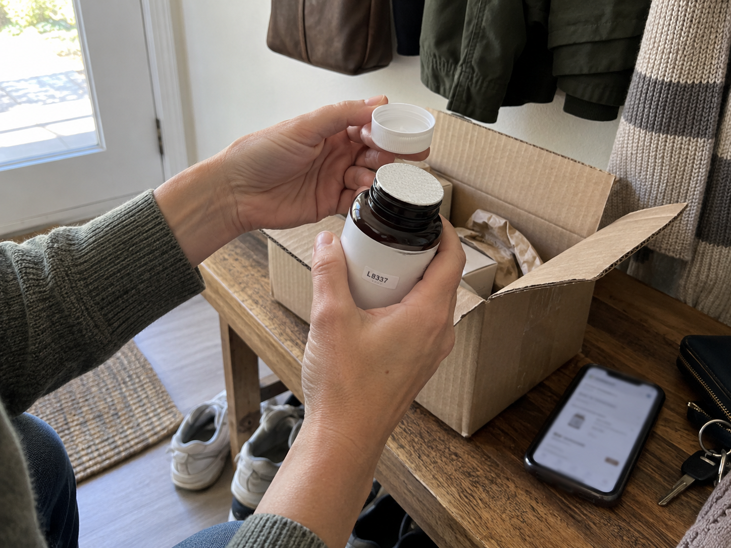 A shopper checks the inner seal and lot code on a newly delivered NMN supplement before use