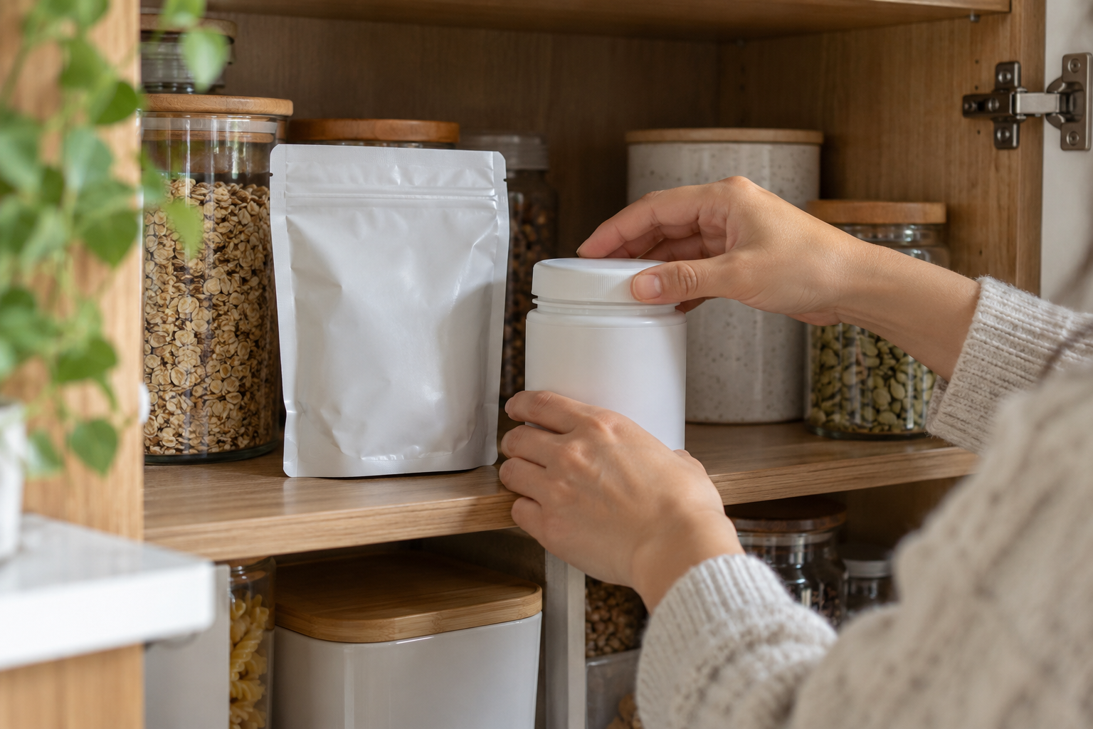 Uma pessoa fecha um recipiente de suplemento sem marca e o guarda em um armário seco da cozinha