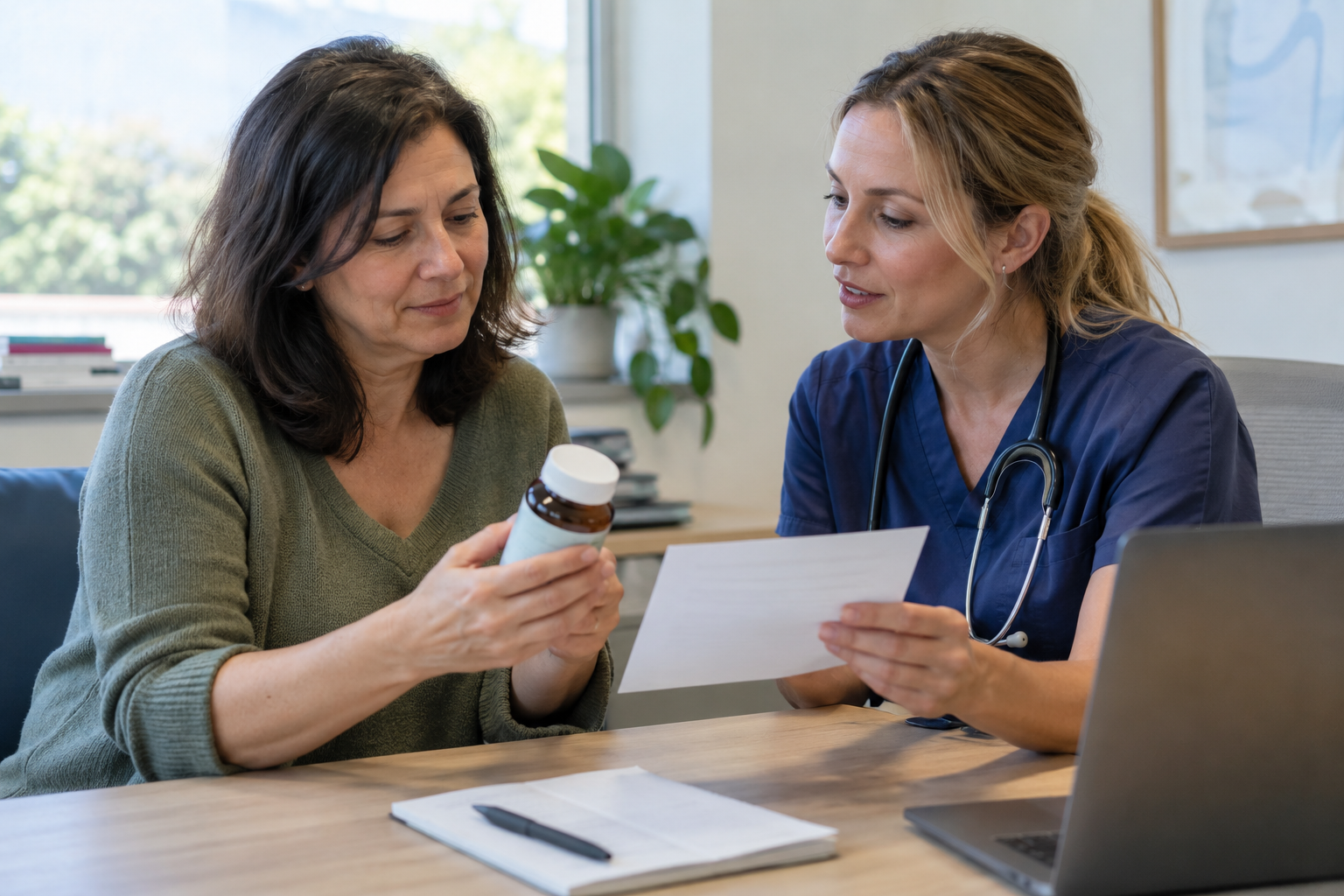 Um cliente discute um rótulo de suplemento com um profissional de saúde durante uma consulta calma