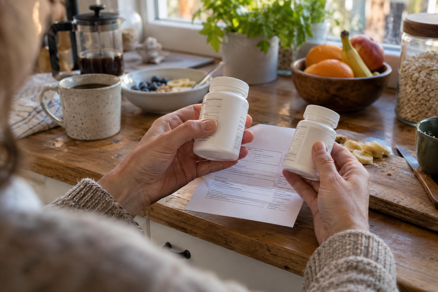 Manos comparando dos frascos de suplemento sin marca junto a una nota de ingredientes en una encimera de cocina