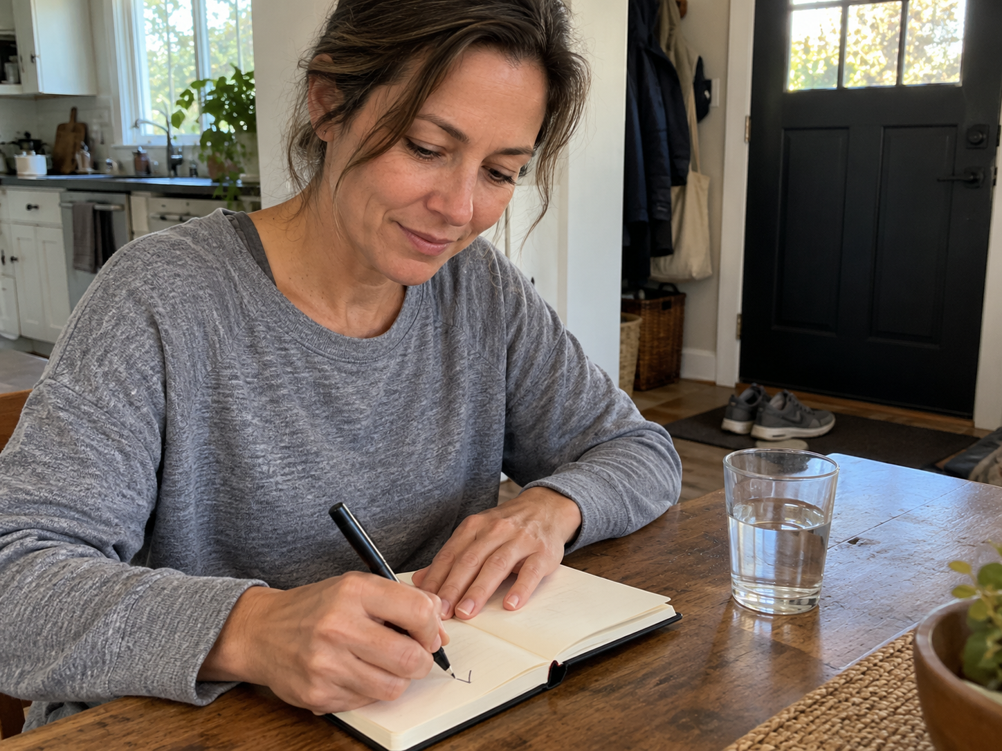 A woman makes one brief journal entry after her usual morning walk
