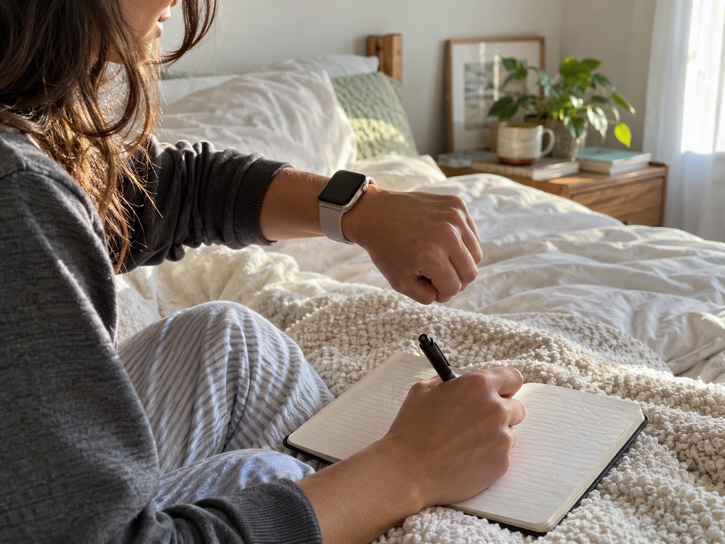 A woman checks an unreadable wearable display and records a note beside her bed