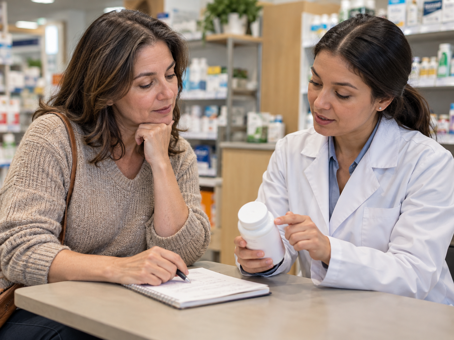 A pharmacist reviews a supplement label and personal notes with a customer