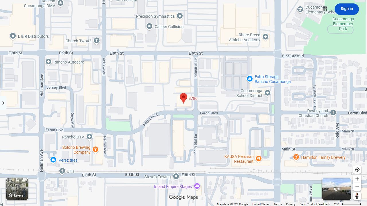 Google Maps location screenshot showing 8786 Industrial Lane in Rancho Cucamonga California