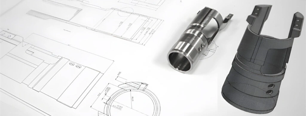Precision CNC machined aluminum components including cylindrical and bracket parts displayed on engineering blueprints