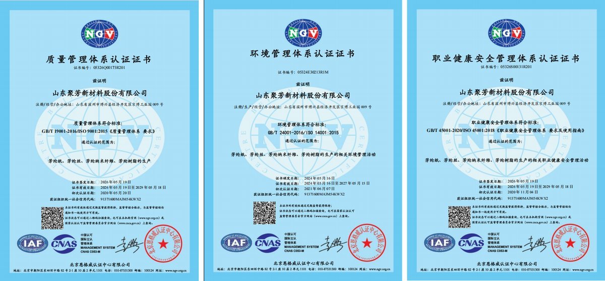 ISO 9001, ISO 14001 and ISO 45001 management system certificates for the aramid production operation