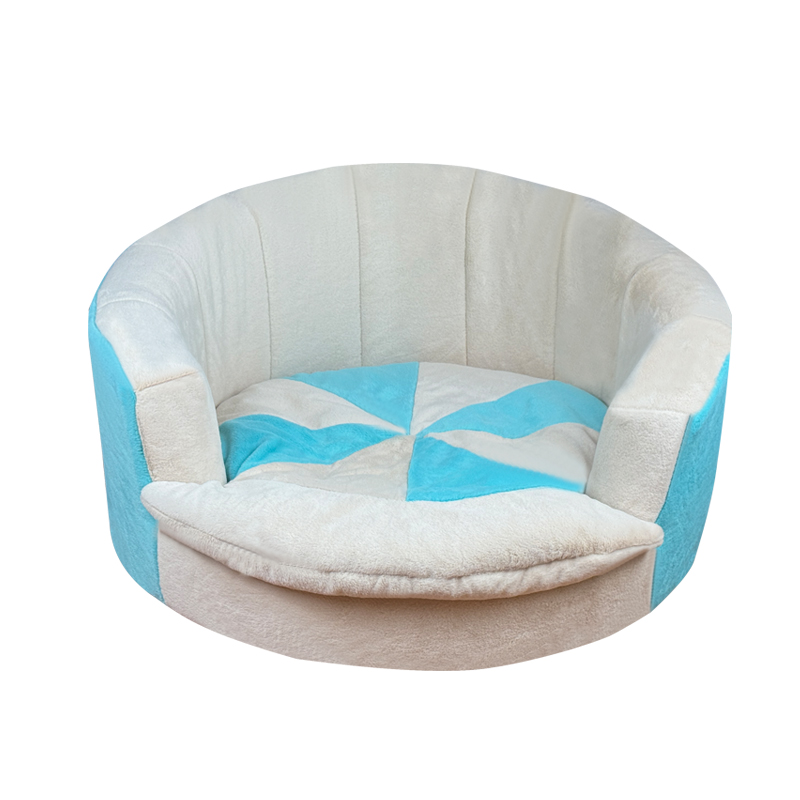 Soft Plush Round Calming Pet Bed | Fluffy Cat Dog Sofa Bed with Removable Cushion for Small Medium Pets - Blue White