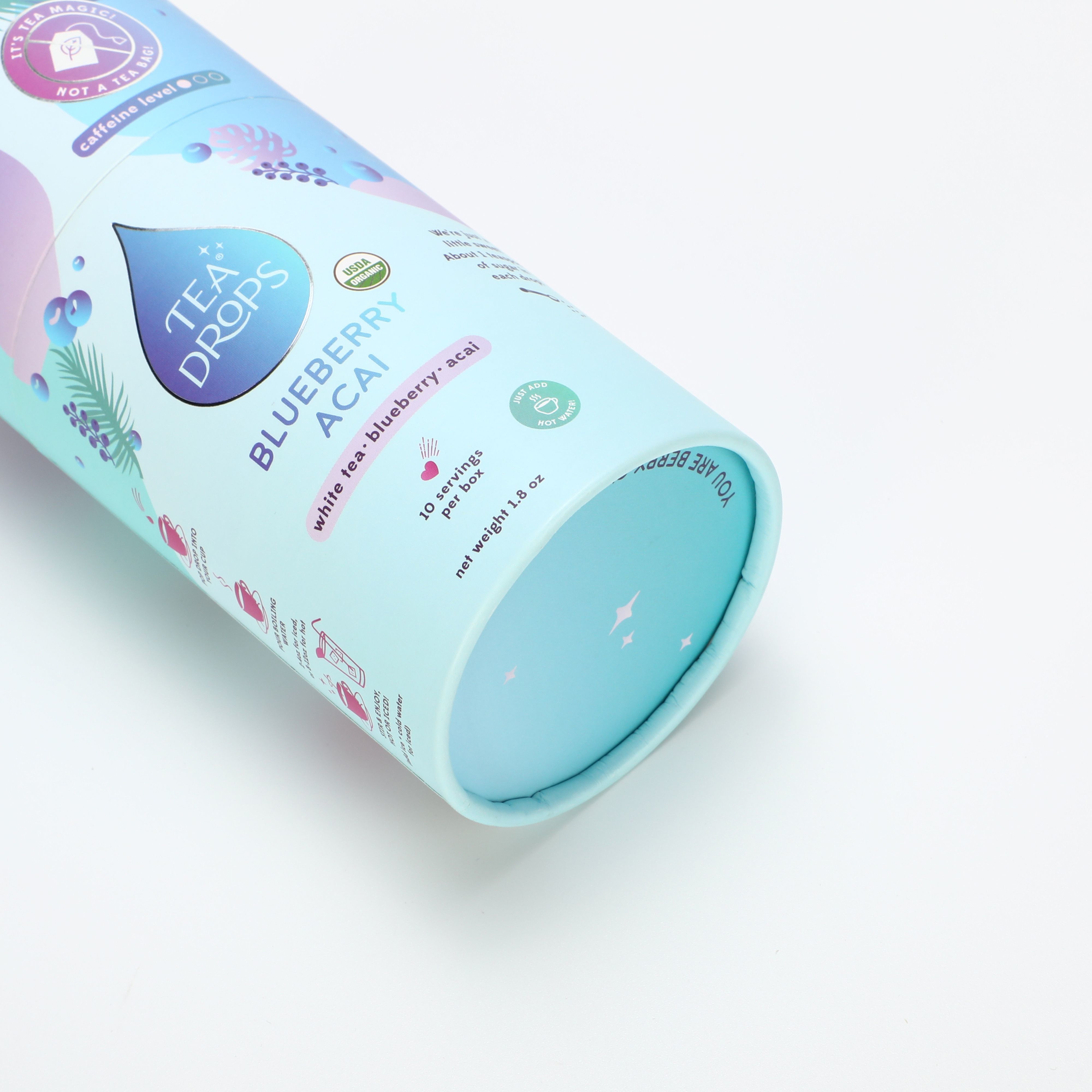 Colorful printed tea tube showing detailed label design