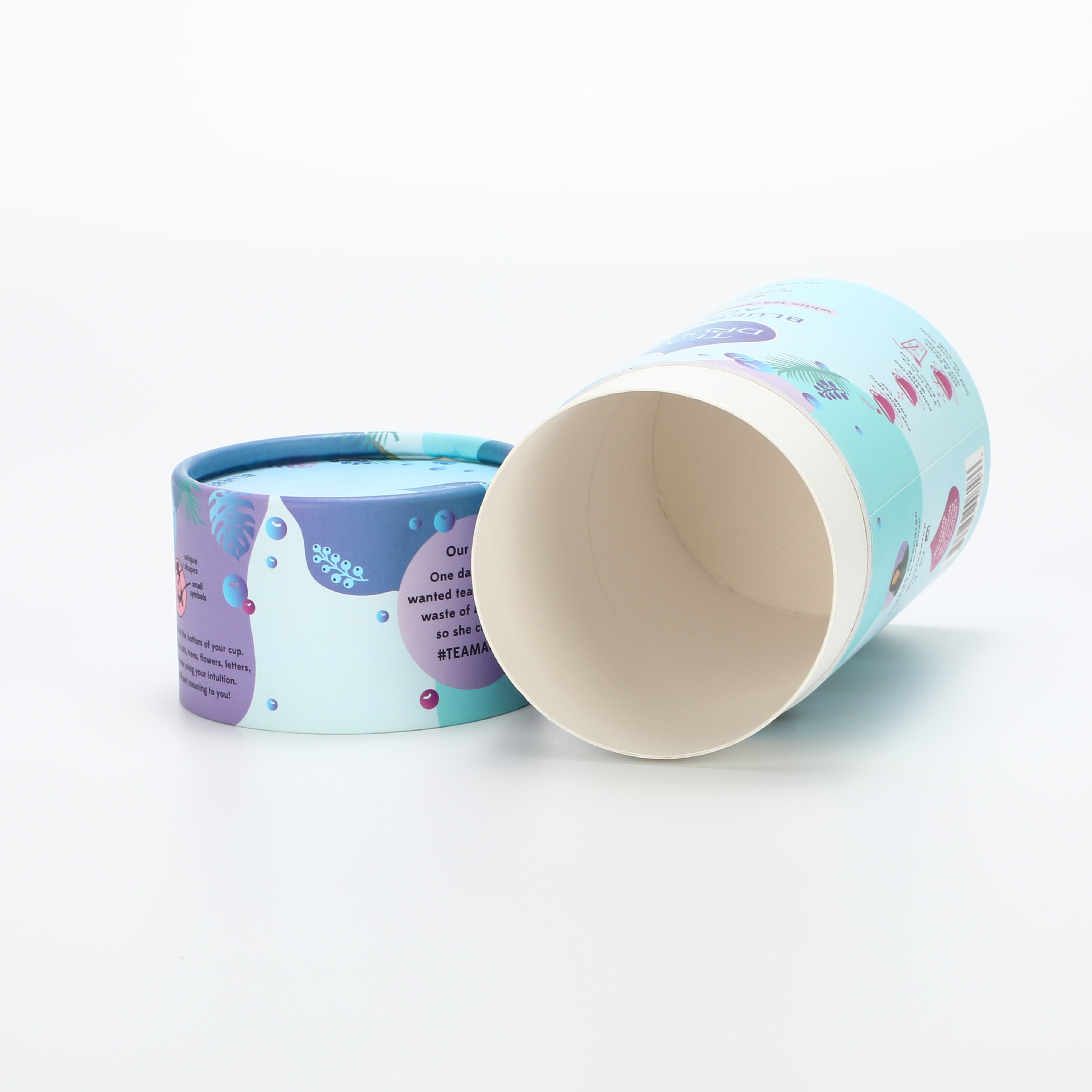 printed paper tea tube showing its paper-based interior and food-contact construction