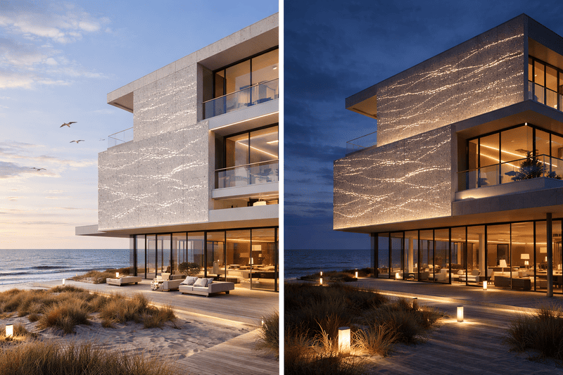 Luxury building facade application of Zhuliyuan light transmitting UHPC day and night contrast