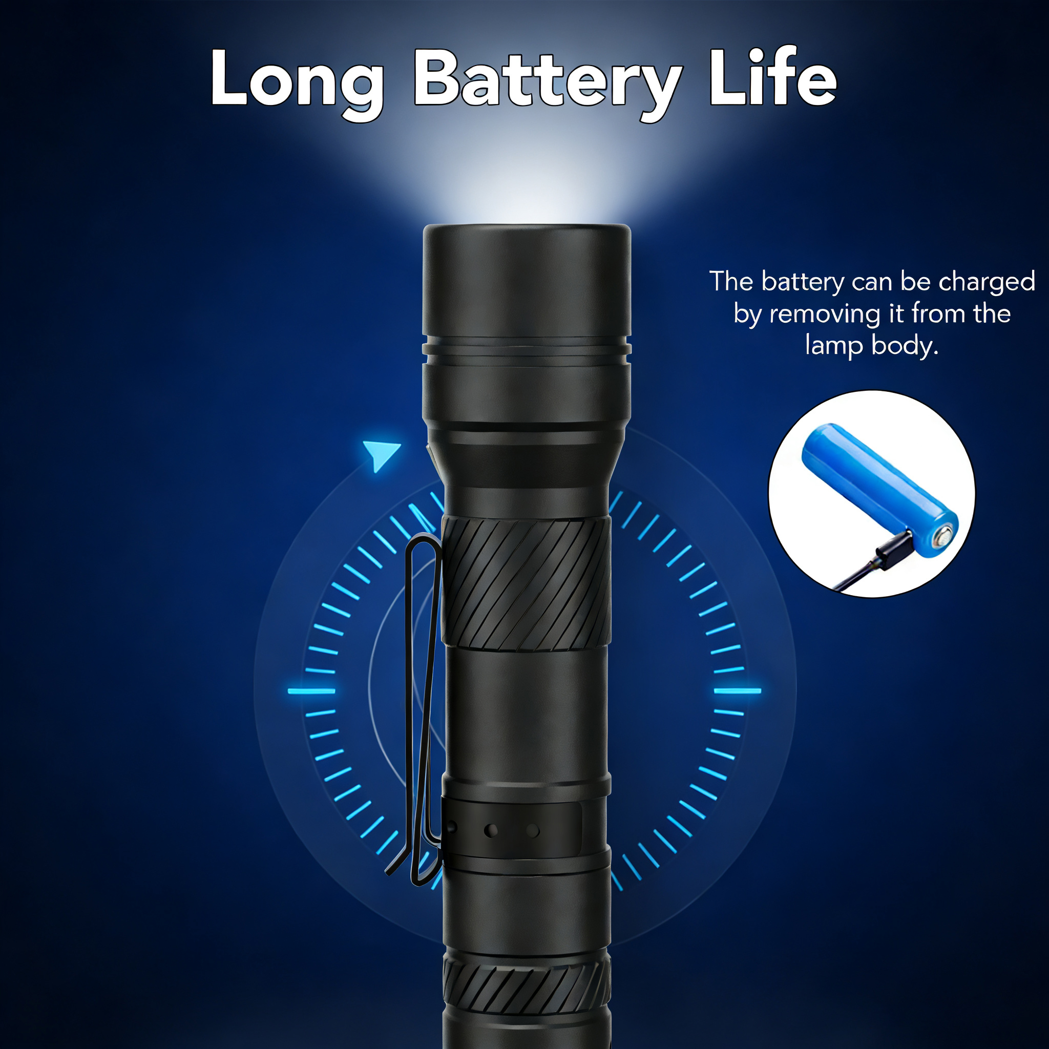 Multi-battery compatible IPX6 clip-on rechargeable aluminum light showing various battery sizes
