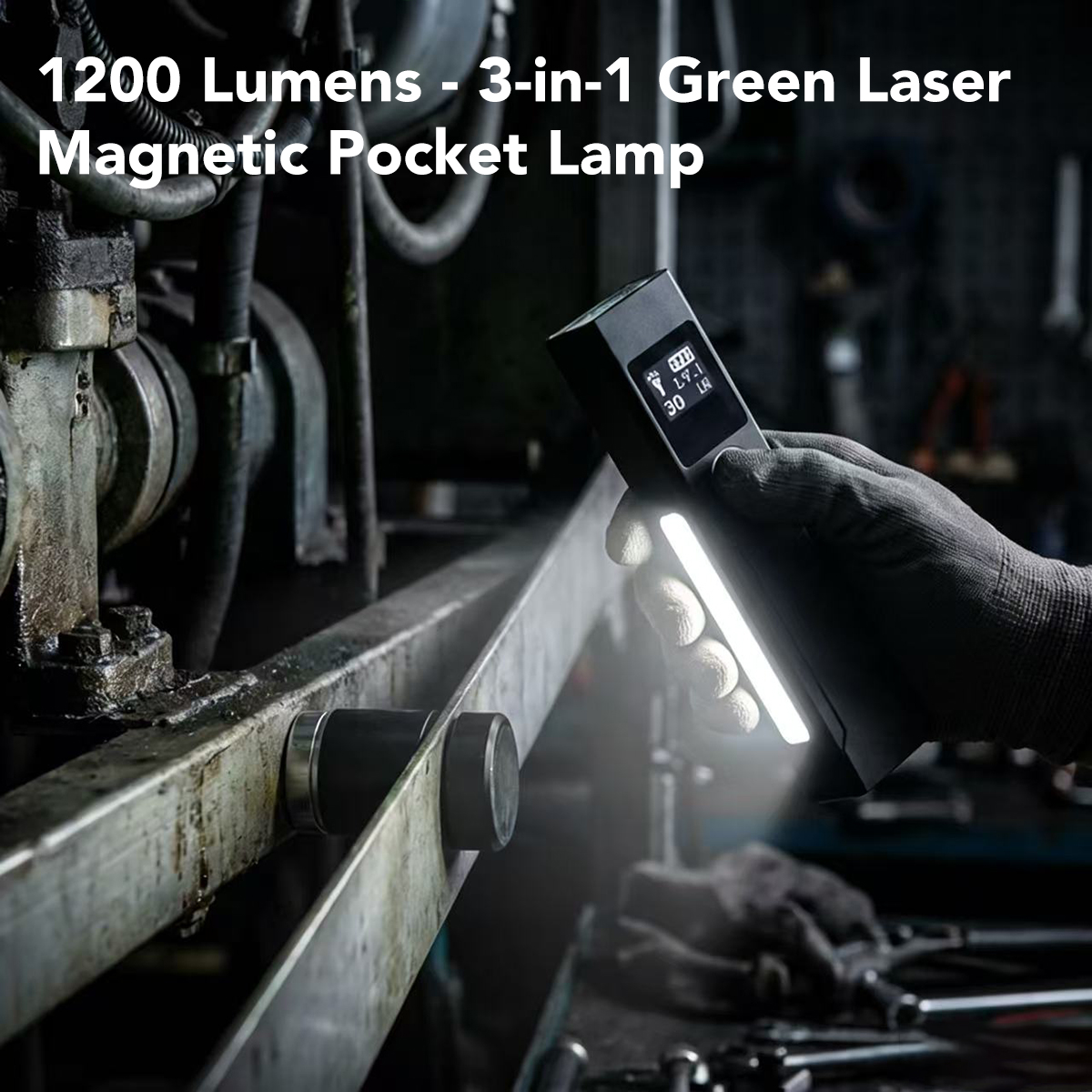 P100 3-in-1 Green Laser Flashlight demonstrating 1200LM output and integrated green laser pointer