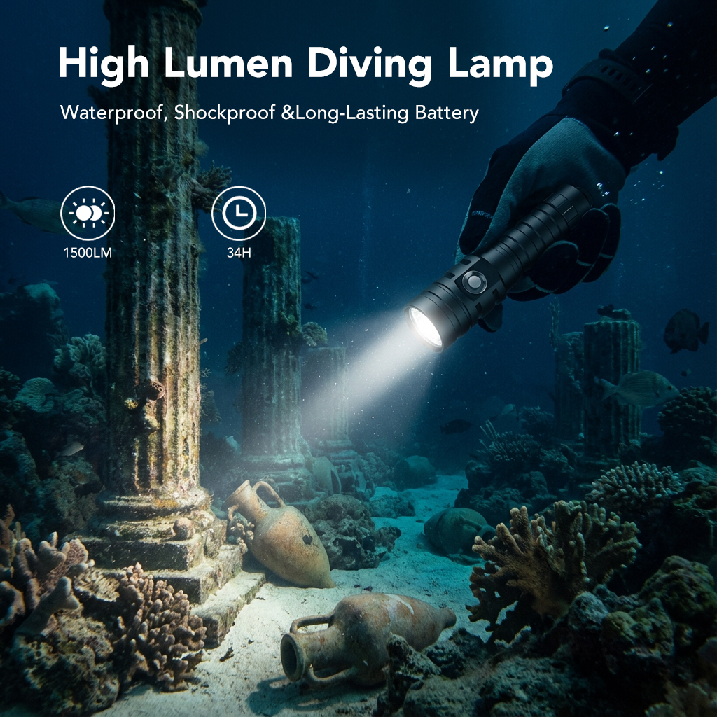 1500LM Diving Flashlight OEM D1500 emitting a 173-meter 6500K beam underwater