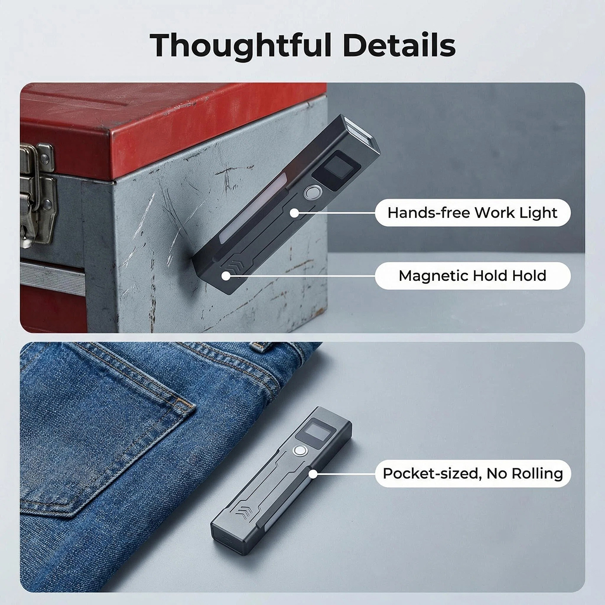 Y1 rectangular flat body flashlight showing ultra-slim 20.5mm thickness for seamless pocket carry