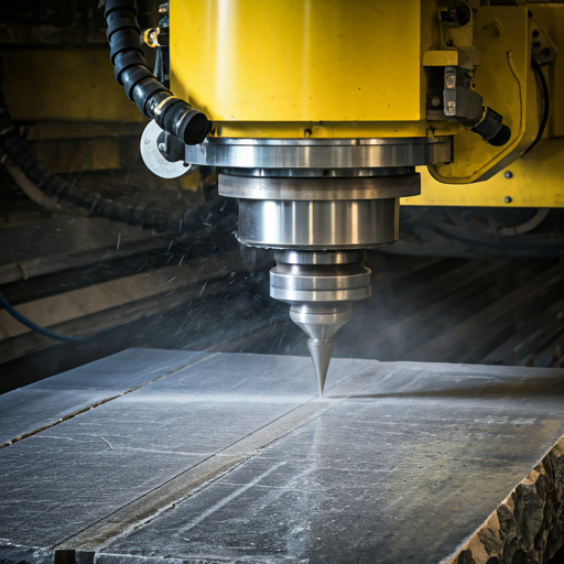 Industrial close-up of high-precision robotic machinery cutting through dense architectural stone