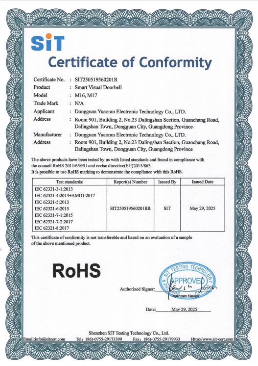 SIT250519560201R-Yuaoran-Smart Visual Doorbell-M16 ROHS Certificate