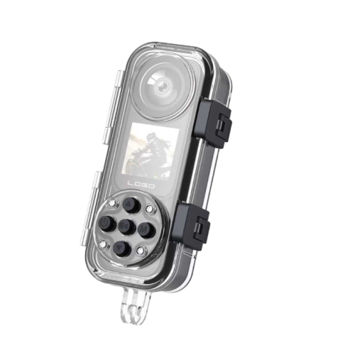 Action camera fitted inside a transparent waterproof housing