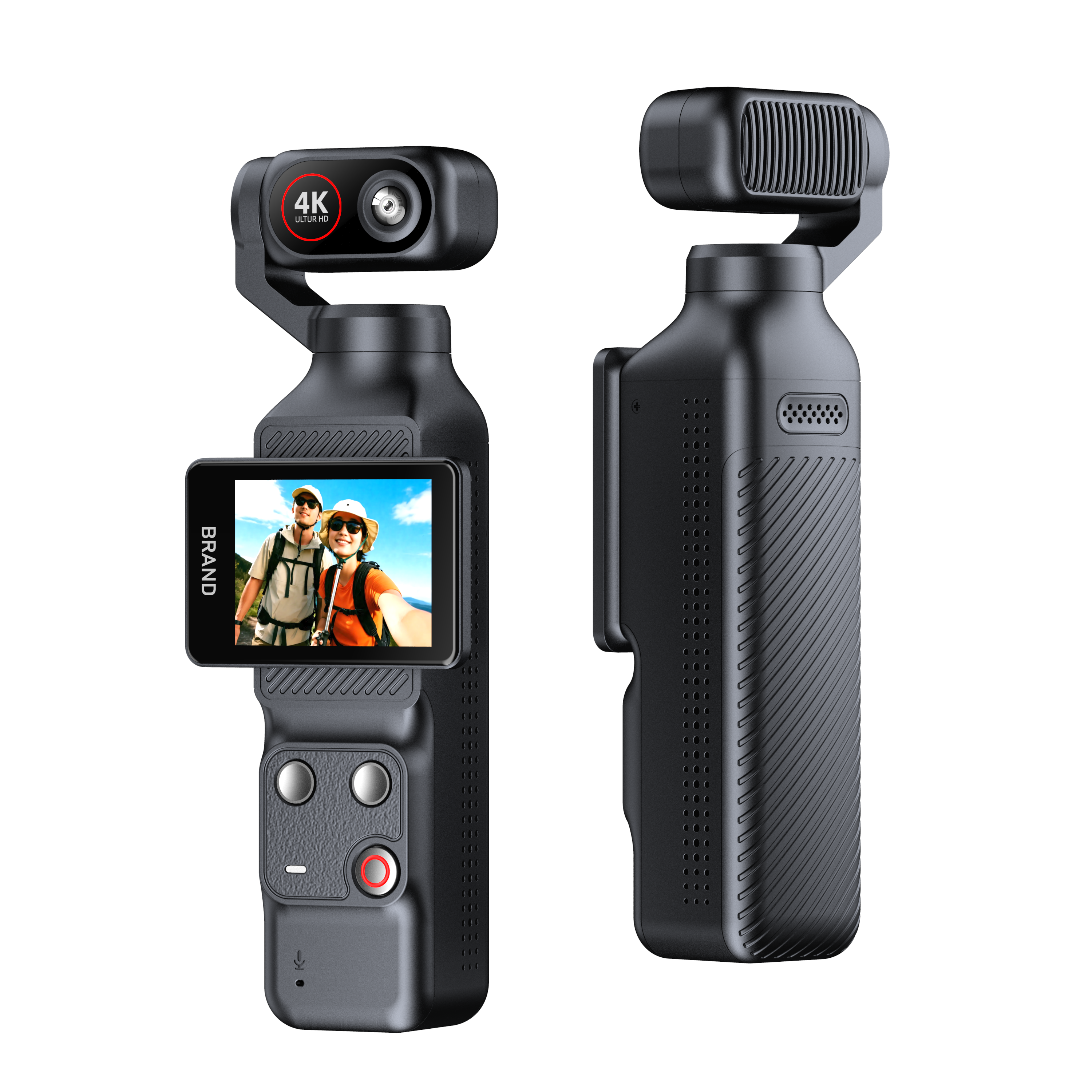 Yuaoheng Q12 and Q12S auto-tracking action camera shown from the front and back, with rotating lens head and flip-up touchscreen