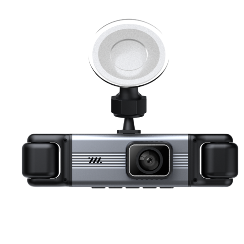 Four-channel dashcam with additional side camera modules visible on both sides of the housing