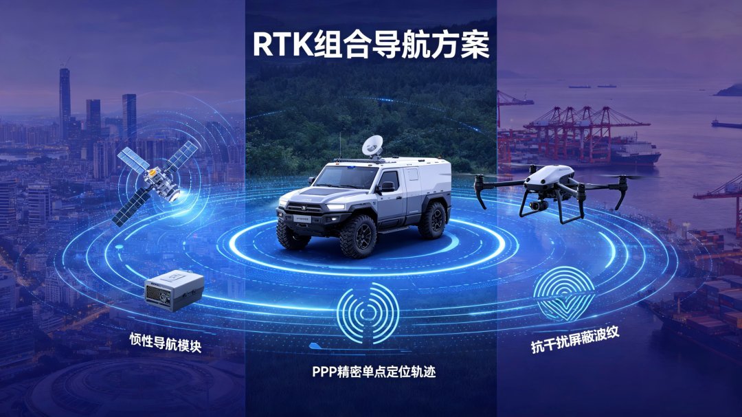 RTK combined navigation scheme showing satellite positioning, inertial navigation, PPP trajectory and interference shielding across vehicle, UAV and port scenarios