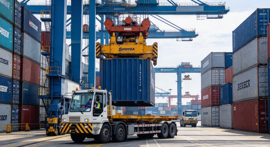 Container being lifted onto a terminal truck at the quay