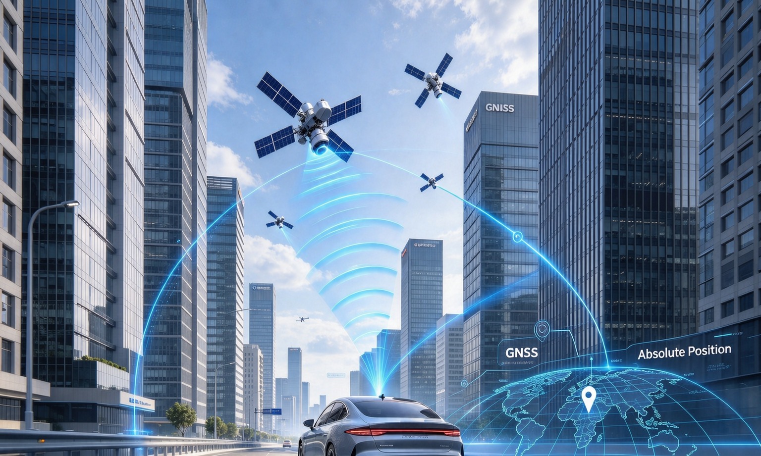 Autonomous vehicle in an urban canyon receiving GNSS signals, with absolute position referenced to a world map