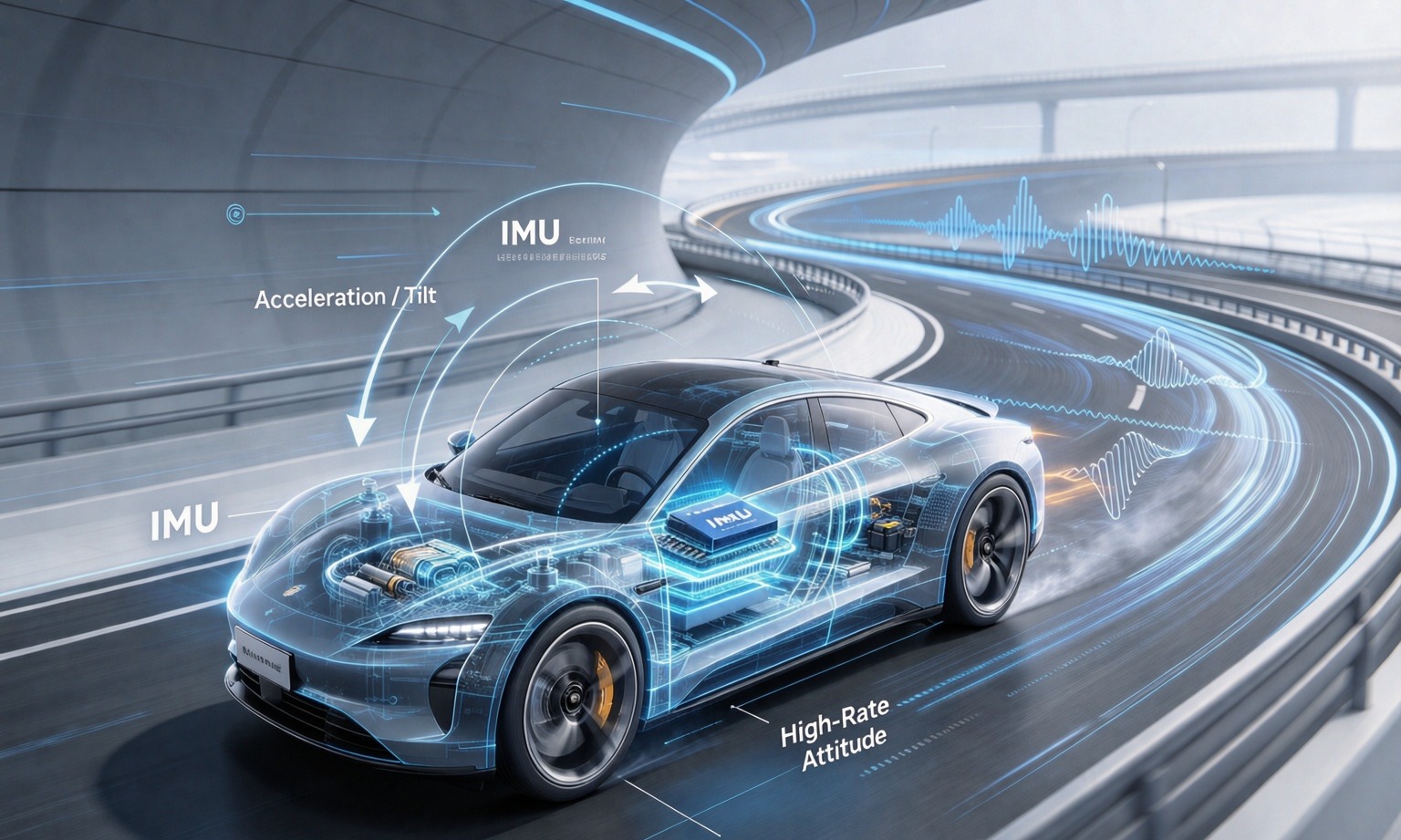 Cutaway vehicle showing an IMU measuring acceleration, tilt and high-rate attitude on a curved road
