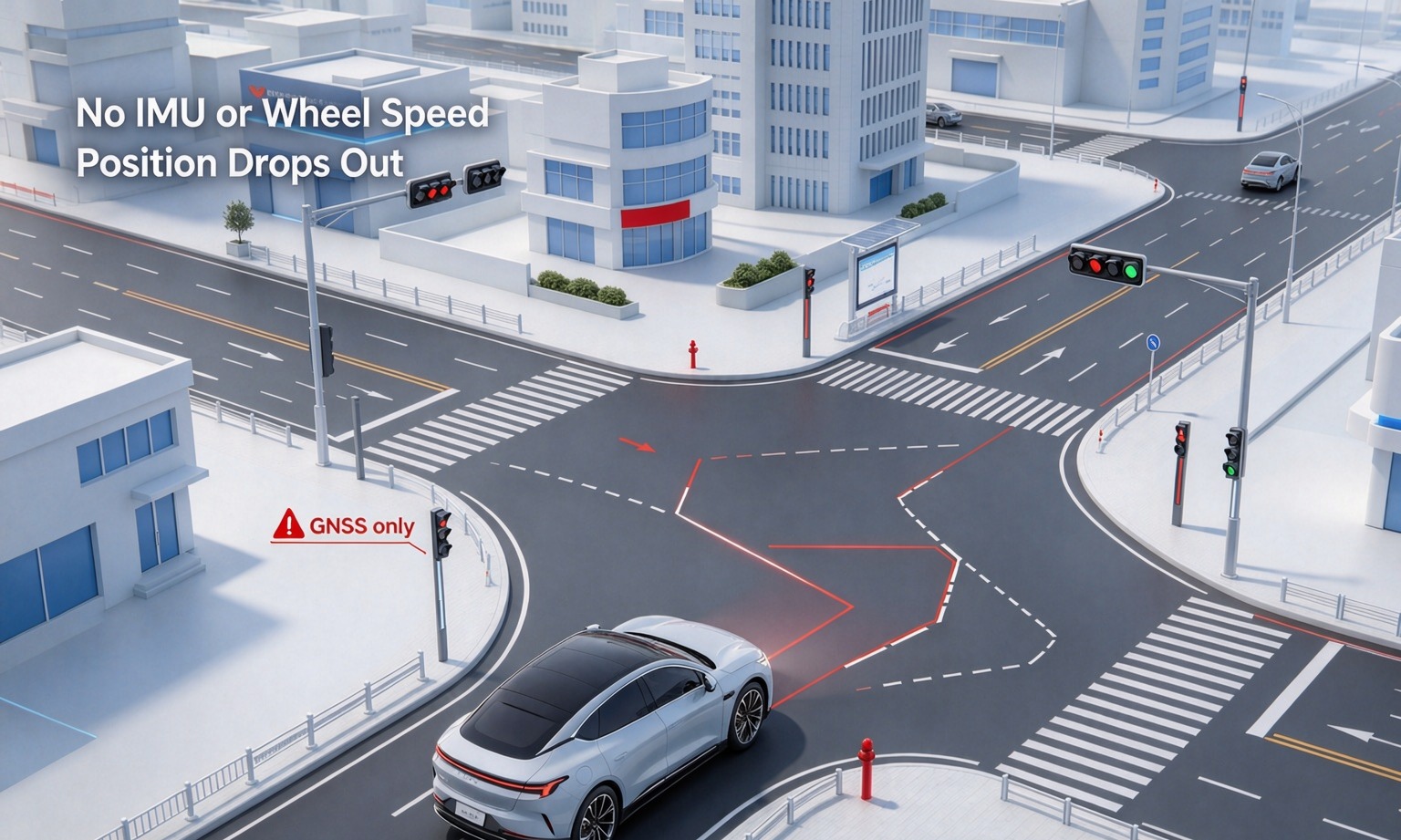 Vehicle path breaking into a jagged red track at a junction when only GNSS is available
