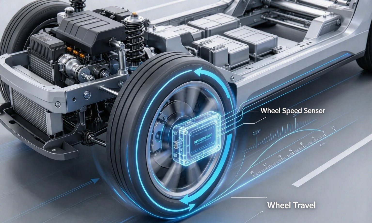 Cutaway chassis showing a wheel speed sensor measuring wheel rotation and the resulting travel distance