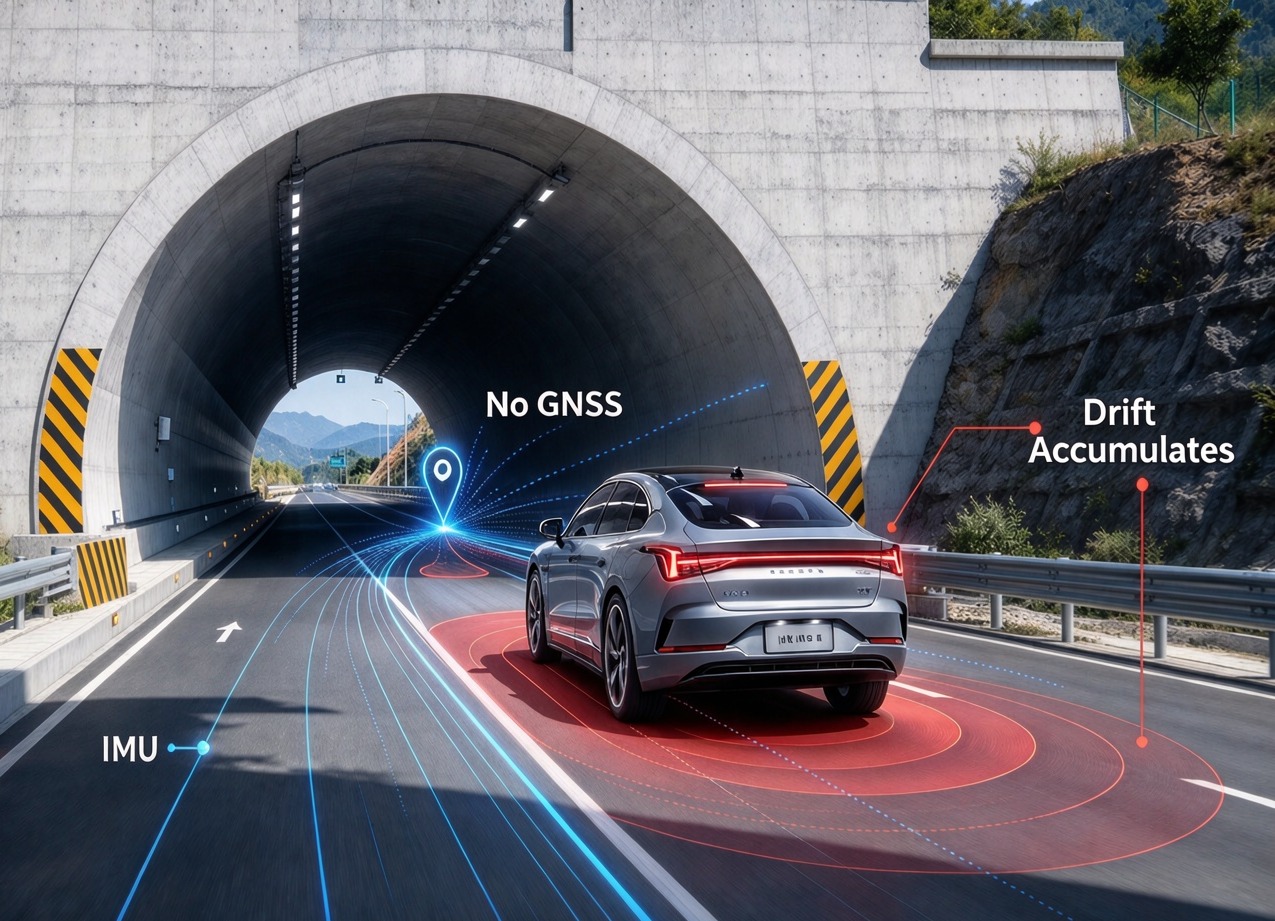 Vehicle entering a tunnel with no GNSS, showing inertial drift accumulating behind the car