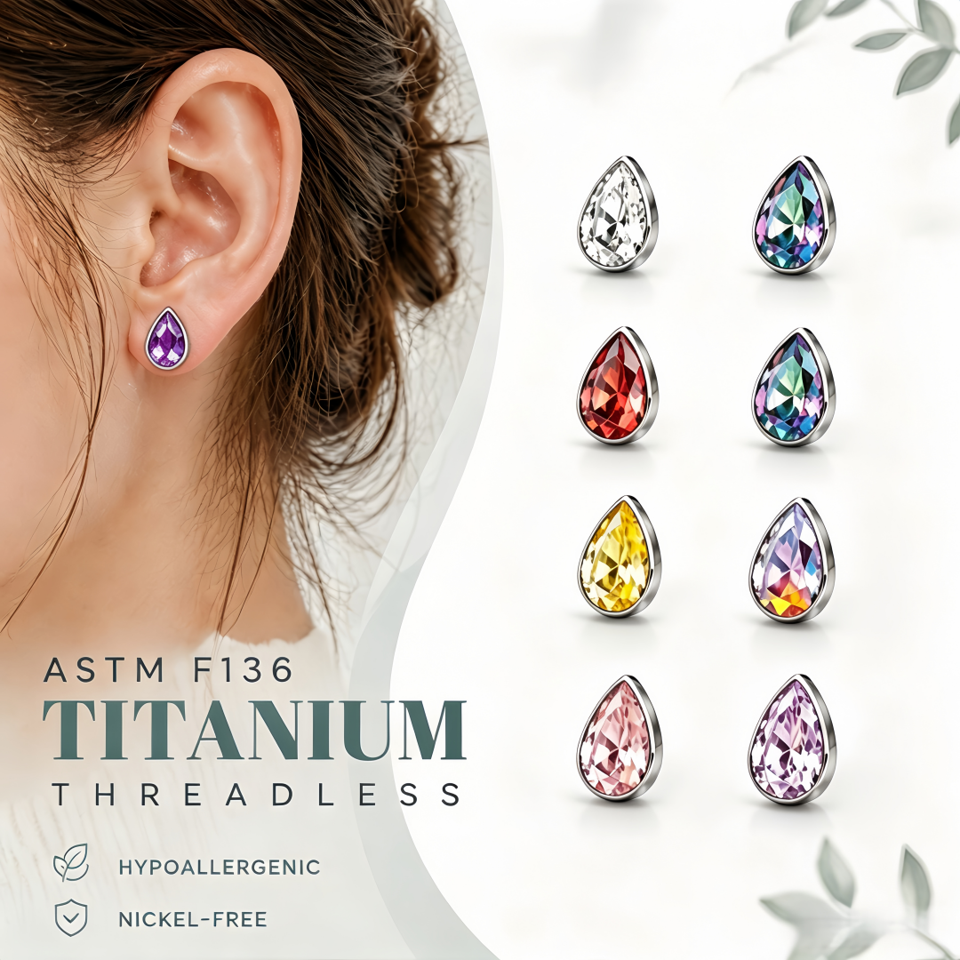 G23 Titanium Teardrop Threadless Earring Stud with CZ