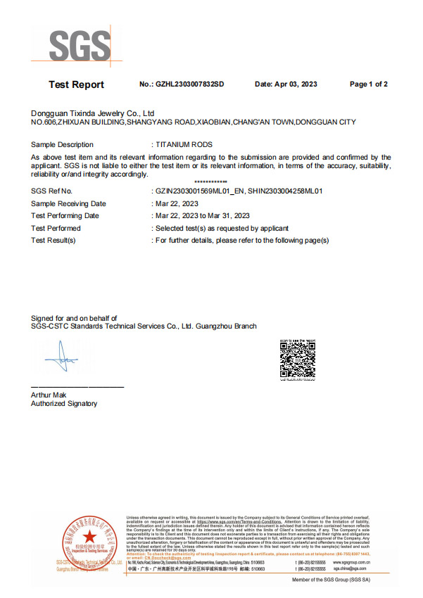 Taixinda SGS ASTM F136 Certification