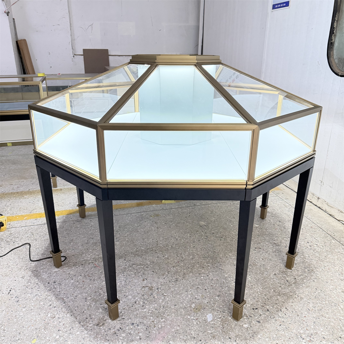 Custom Octagonal Jewelry Showcases – Gold Metal & Glass Island Display Cabinet