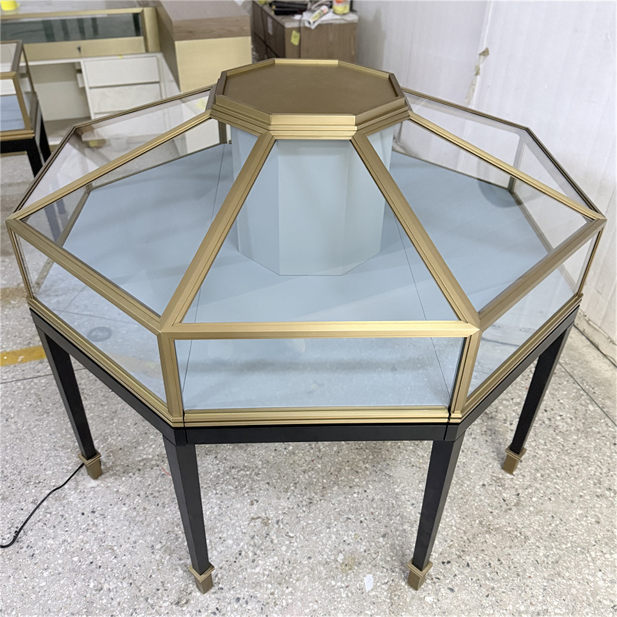 Custom Octagonal Jewelry Showcases – Gold Metal & Glass Island Display Cabinet