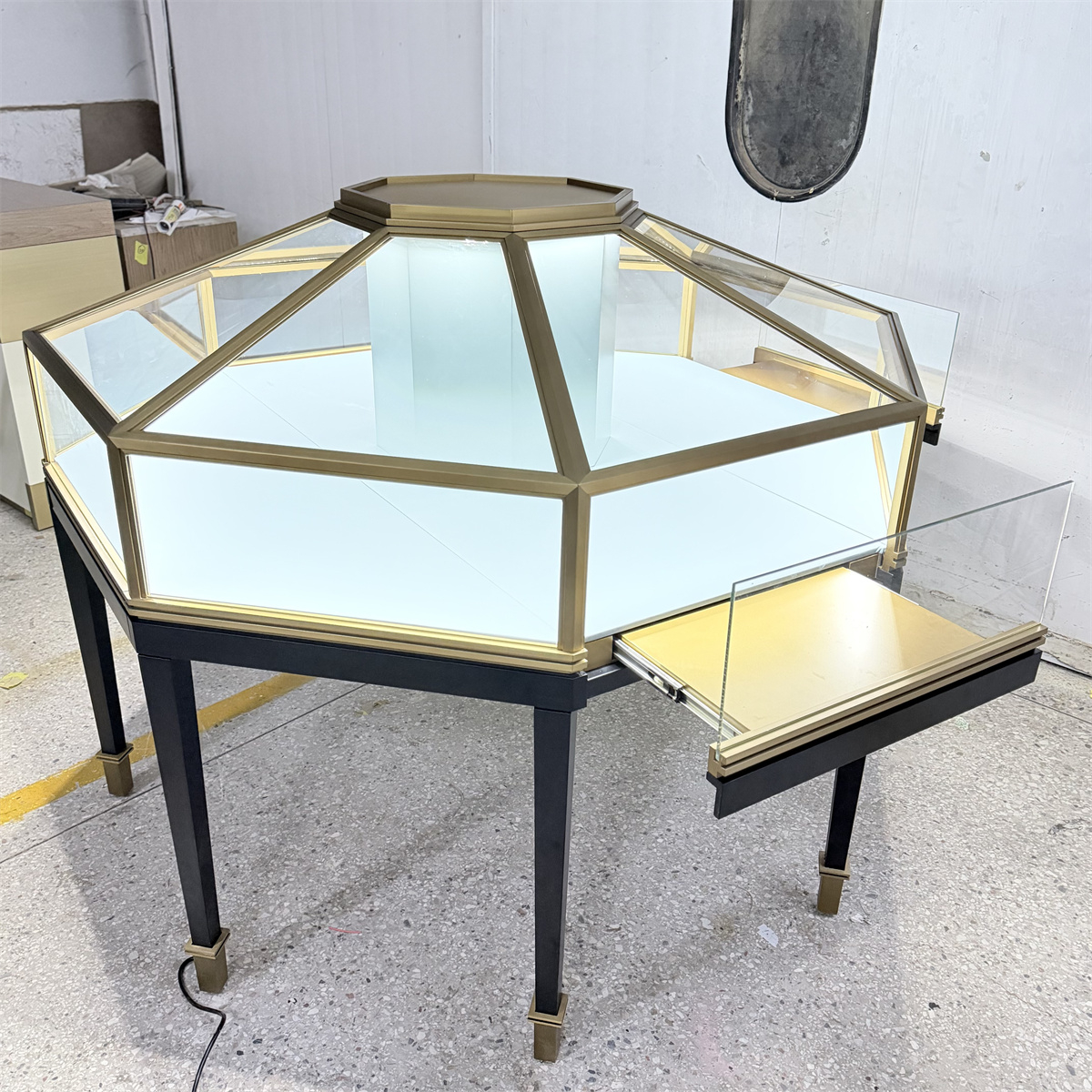 Custom Octagonal Jewelry Showcases – Gold Metal & Glass Island Display Cabinet