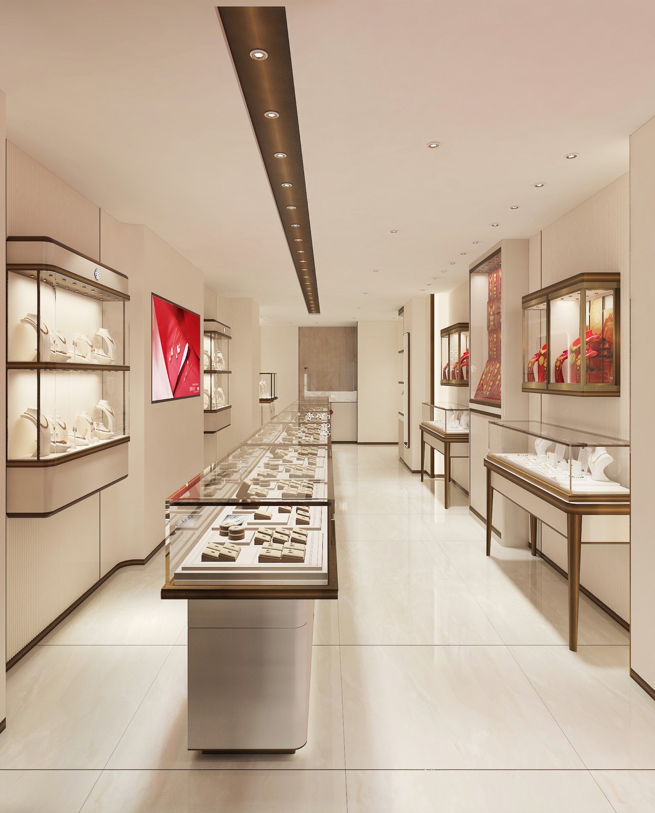 Jewelry store design rendering with a long glass counter and illuminated wall showcases on both sides