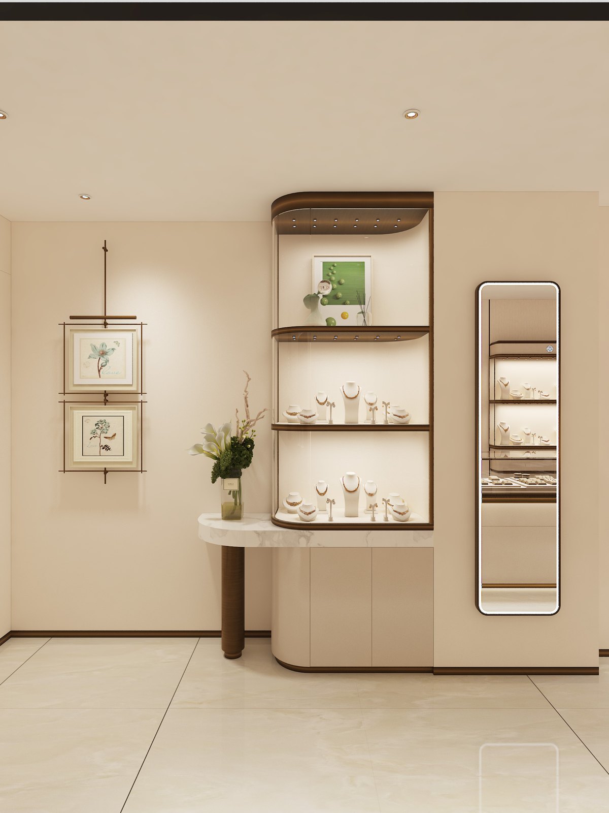 Design rendering of a rounded jewelry display unit with illuminated shelves beside a vertical mirror