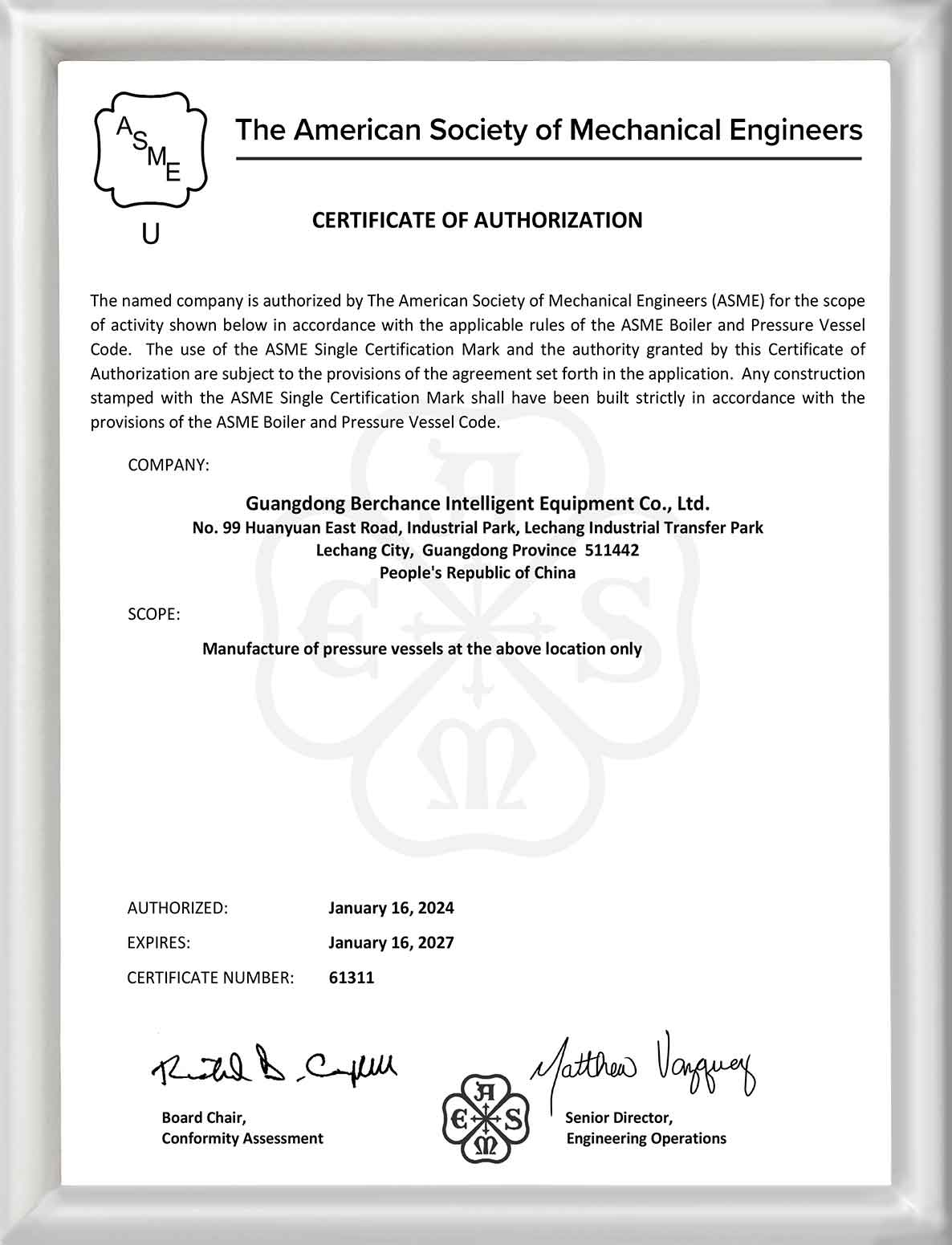 ASME certificate
