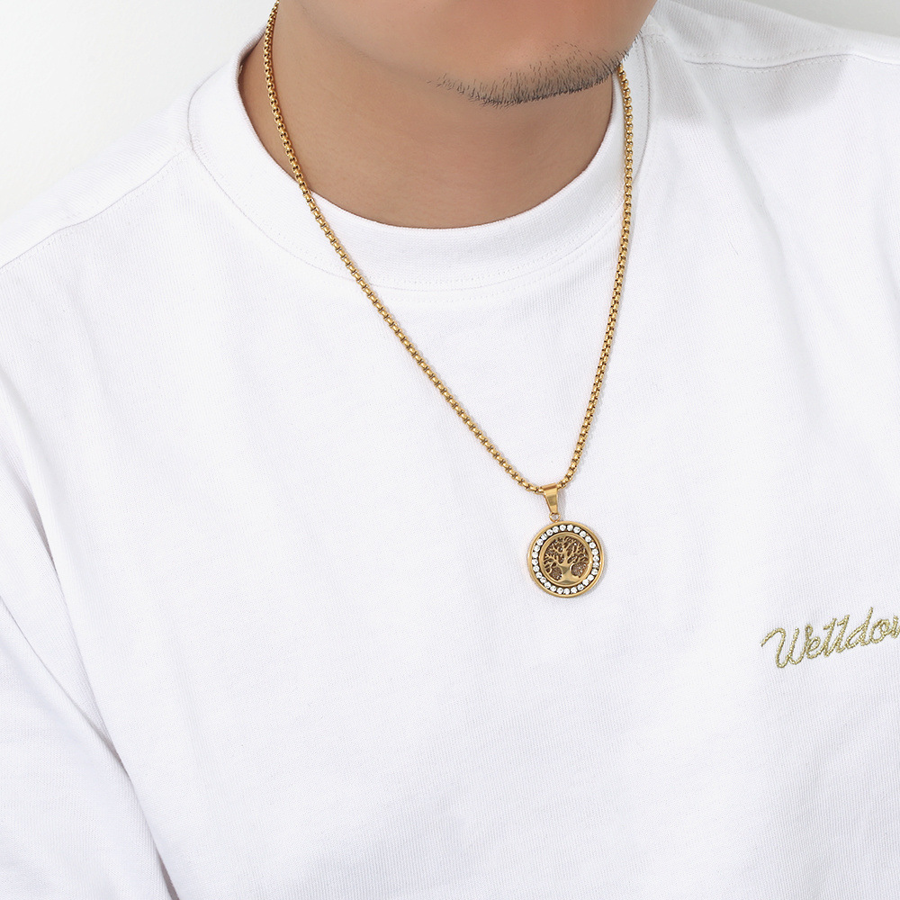 Stainless steel Tree of Life pendant necklace with zircon decoration and PVD gold plating Stainless Steel Tree of Life Zircon Pendant Necklace