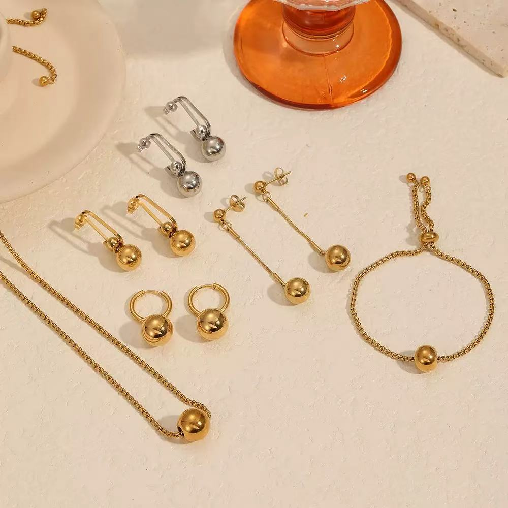 SSeeSY Fashion Waterproof Stainless Steel PVD 18K Gold Bead Deisgn Earrings Necklaces Bracelet Jewelry Set for Women