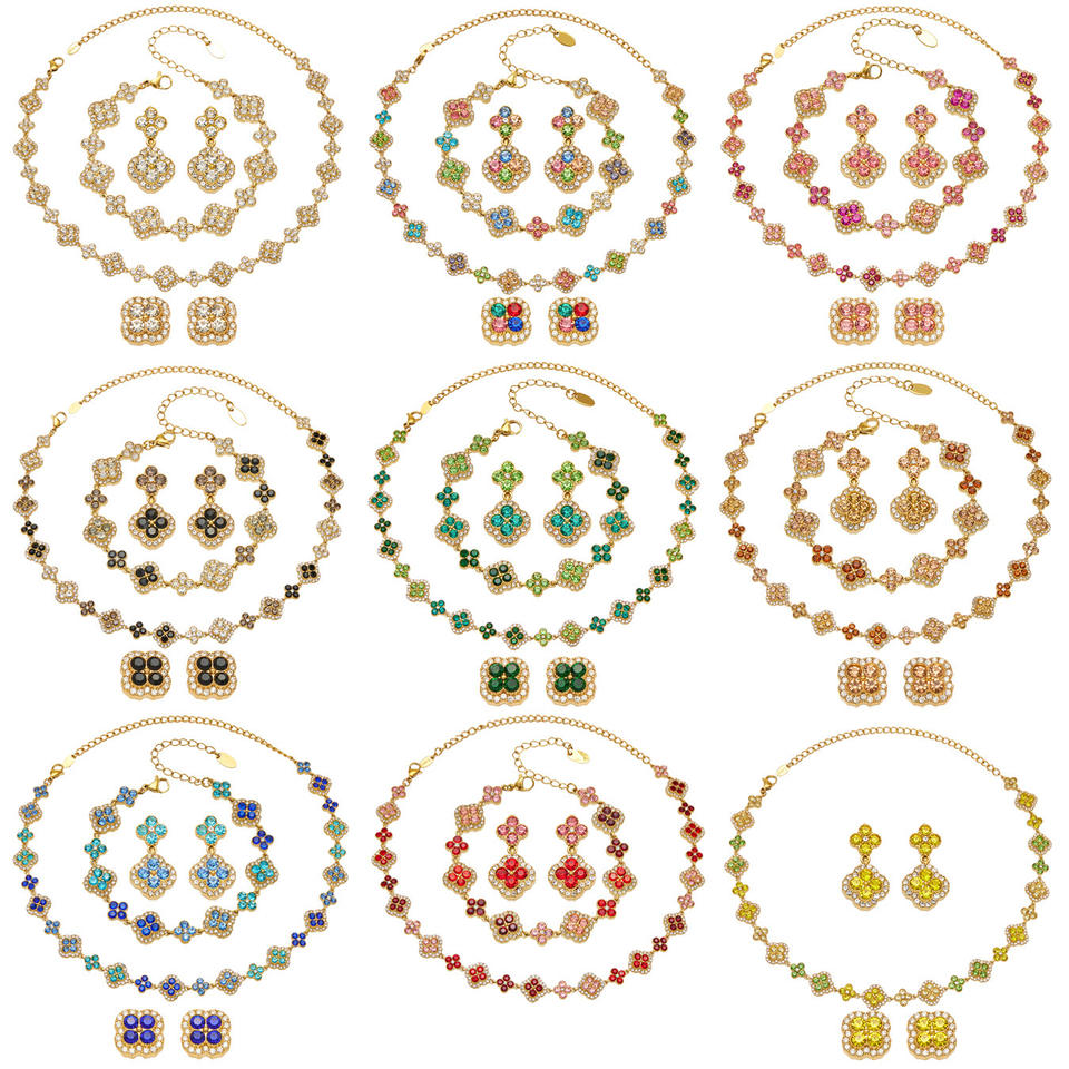 SSeeSY Party Shine Stainless Steel PVD 18K Gold Plated Clover Design With Zircon for Jewelry Set Earrings Necklaces Bracelet