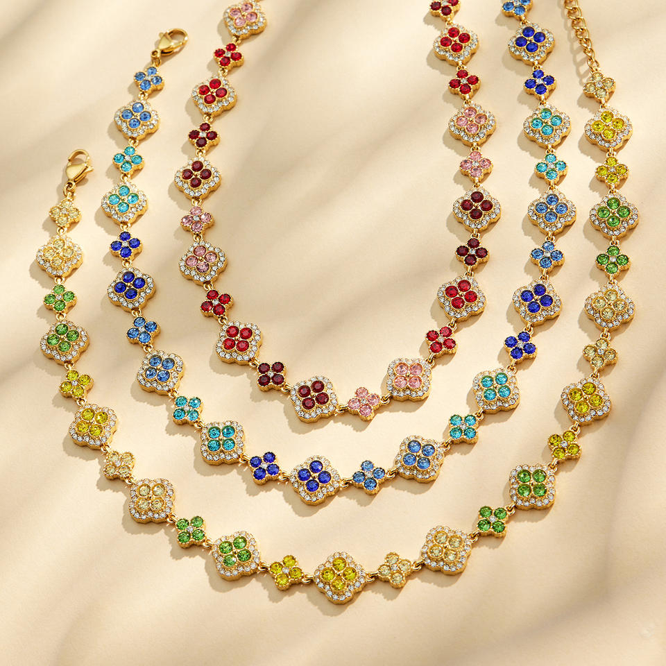 SSeeSY Party Shine Stainless Steel PVD 18K Gold Plated Clover Design With Zircon for Jewelry Set Earrings Necklaces Bracelet