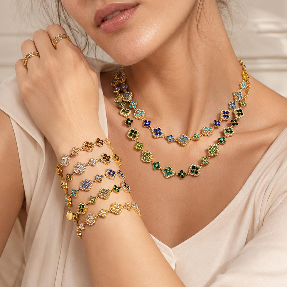 SSeeSY Party Shine Stainless Steel PVD 18K Gold Plated Clover Design With Zircon for Jewelry Set Earrings Necklaces Bracelet
