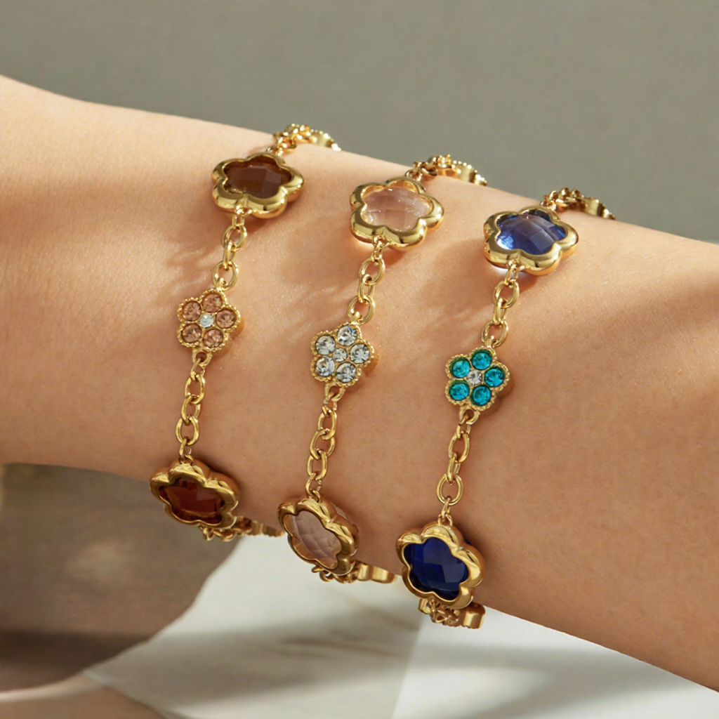 SSeeSY Custom Design Fashion Jewelry PVD 18K Gold Plated Stainless Steel Five Flower Bracelet with Colorful Zircon Czech Glass for Women Girls