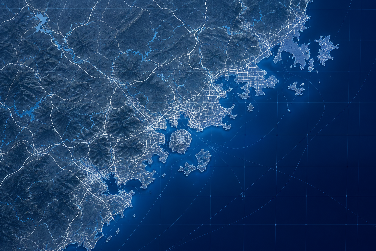 Stylised map of Xiamen with coastal light geometry