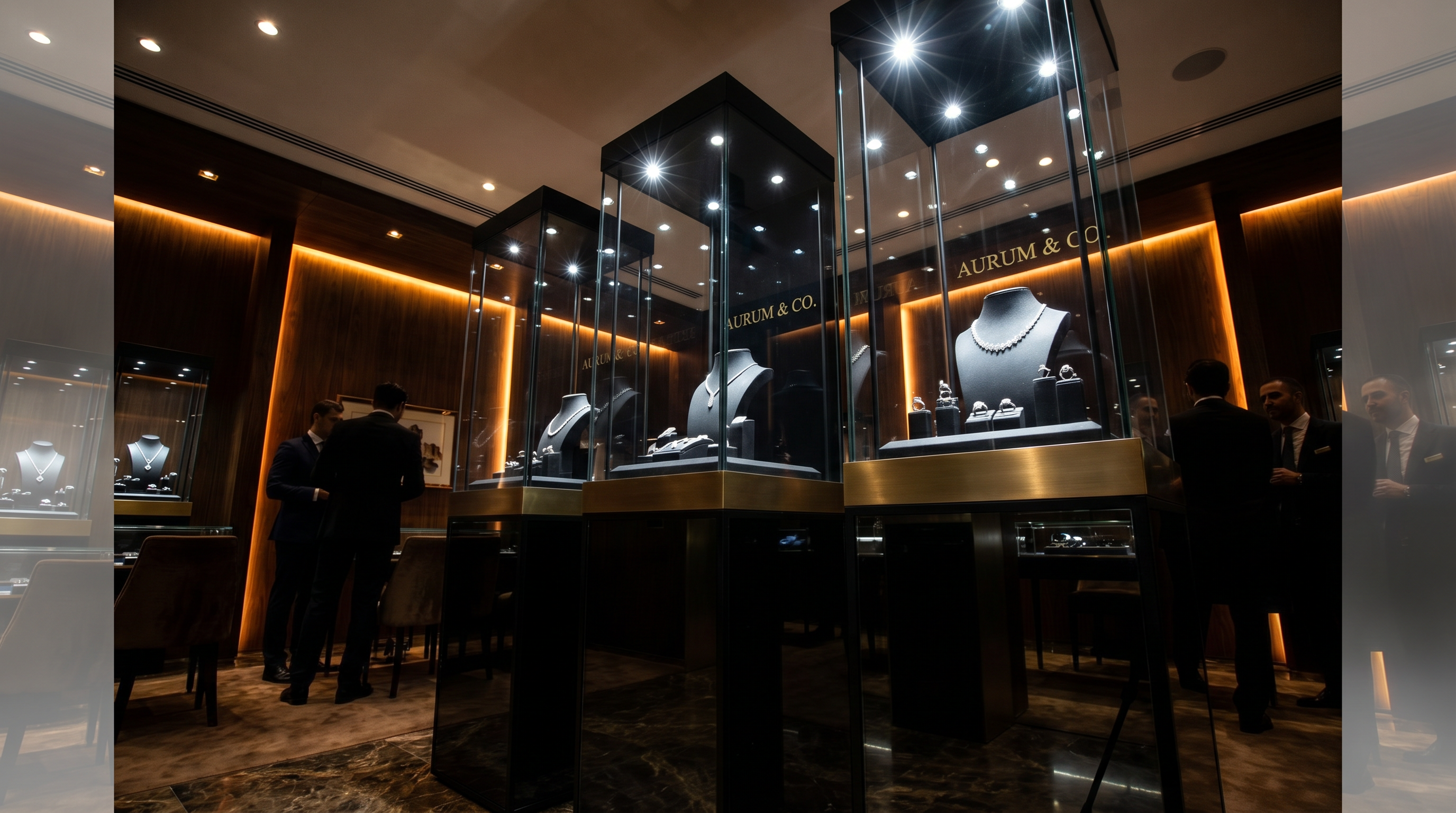 Custom jewelry showcases and display cases manufactured in-house by Shangyuan — precision-engineered for luxury retail environments