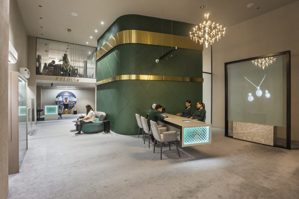 Custom retail consultation desk with coordinated finishes for luxury jewelry stores by Shangyuan