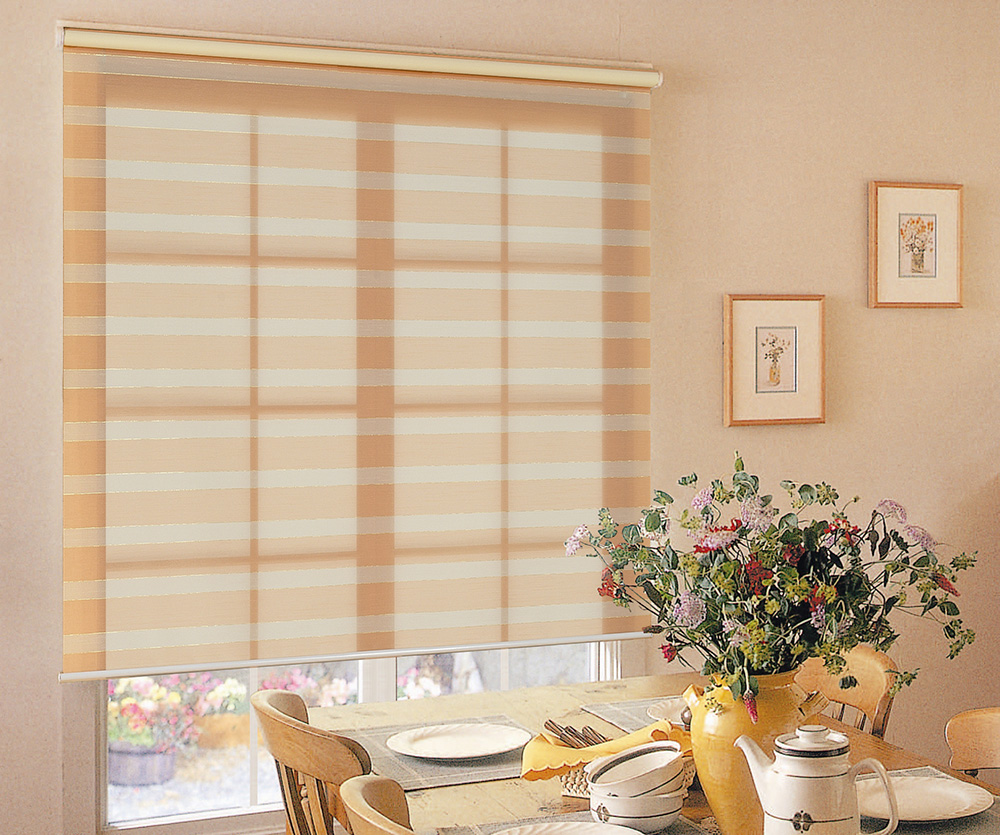 Warm-toned zebra shades next to Chinese dining table