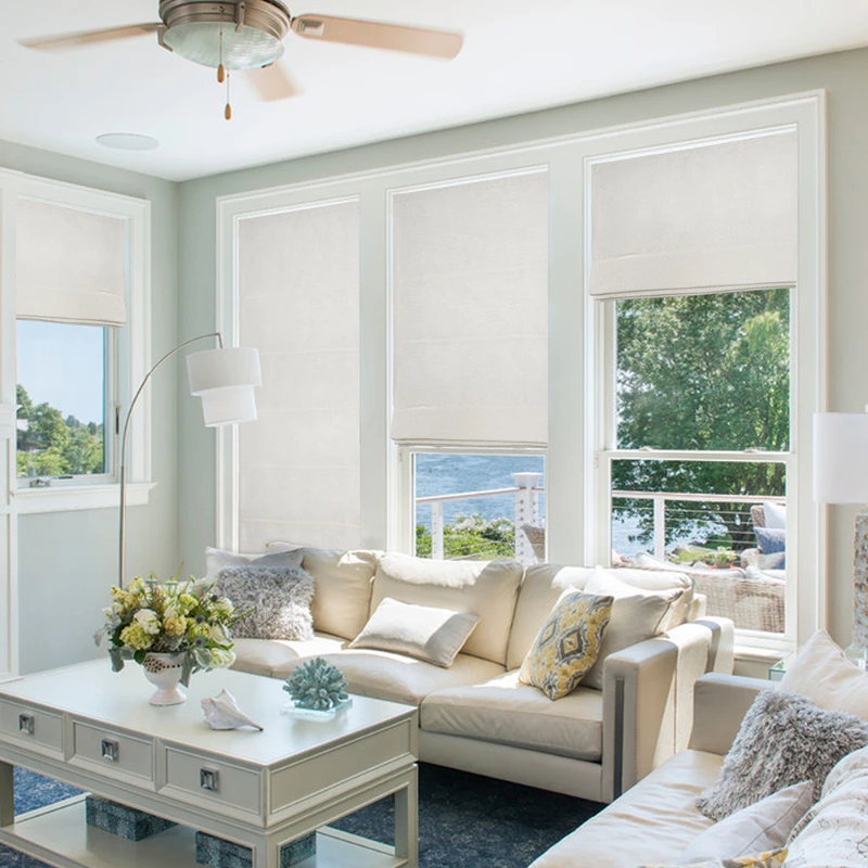 Sofa table living room scene roman shades